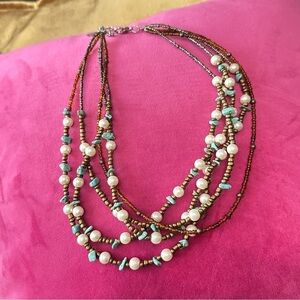 Woman’s 5 strand, multi beaded necklace, mixed beads, turquoise chips 5395 P